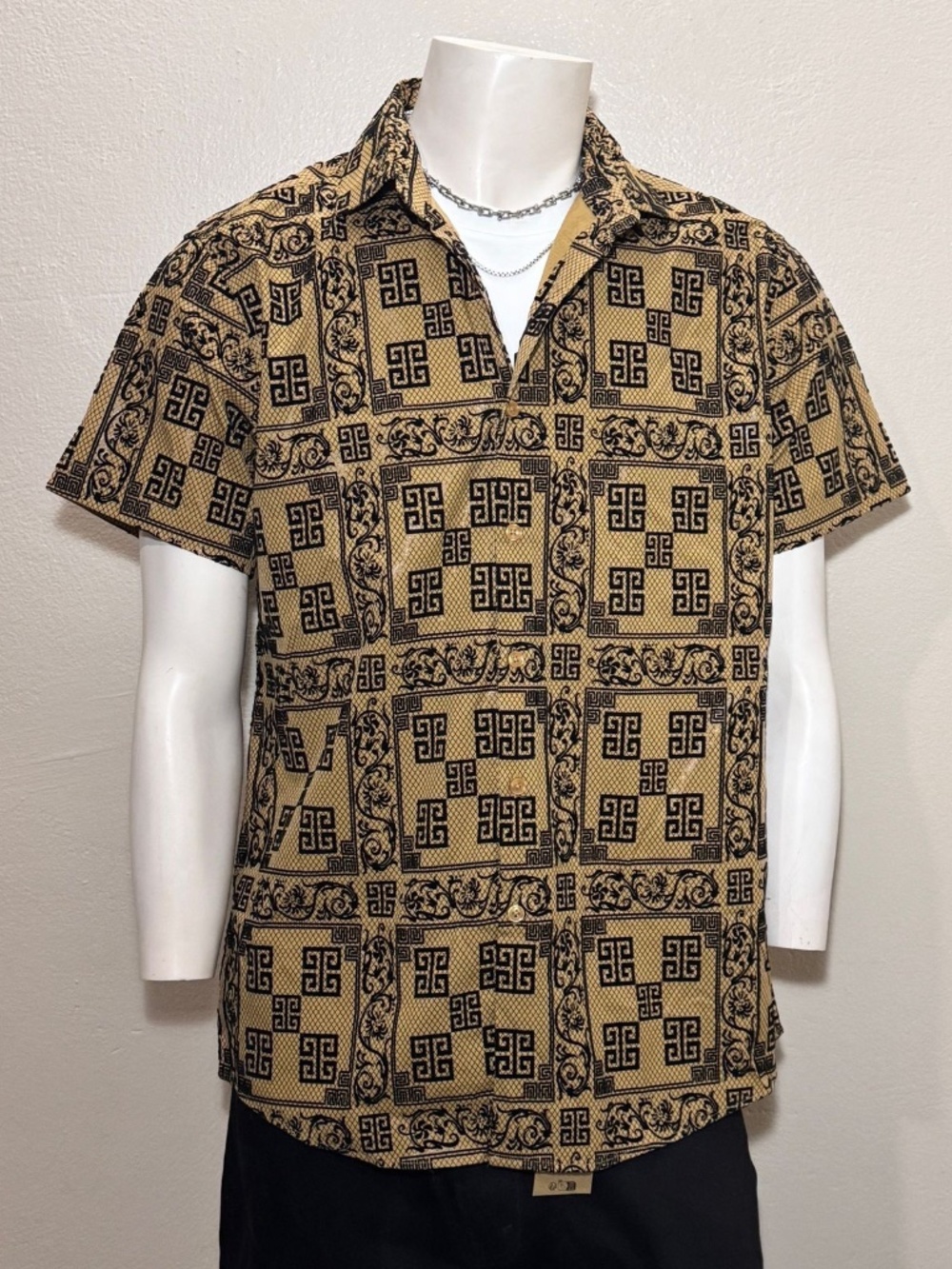 Above Man Baroque Greek Key Shirt Men L Large Slim Fit Gold Black Geometric New